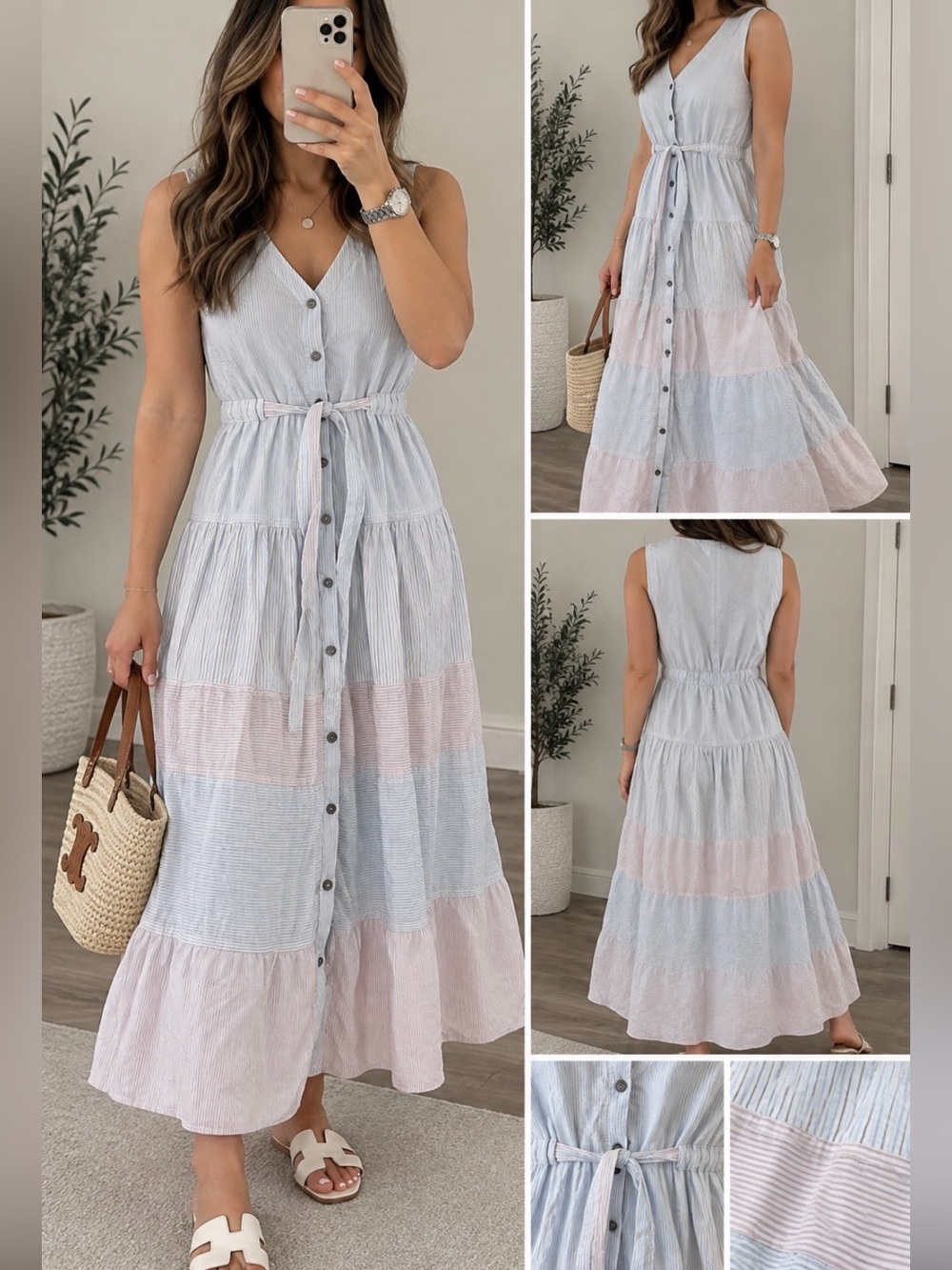 Rebecca Taylor Pastel Blue & Pink Tiered Button-Front Maxi Dress
